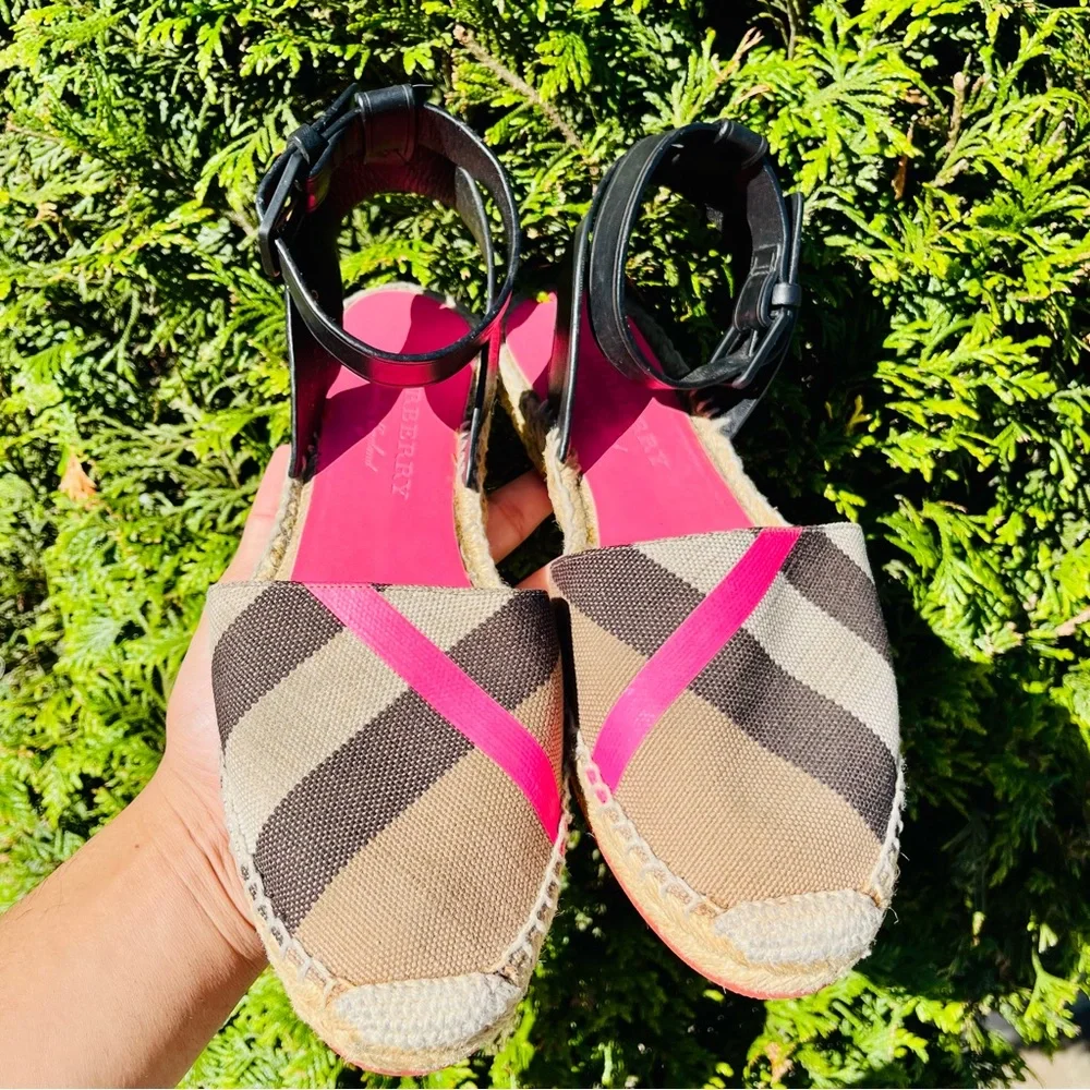 BURBERRY Pink Nova Check Plaid Espadrille Ankle Flats